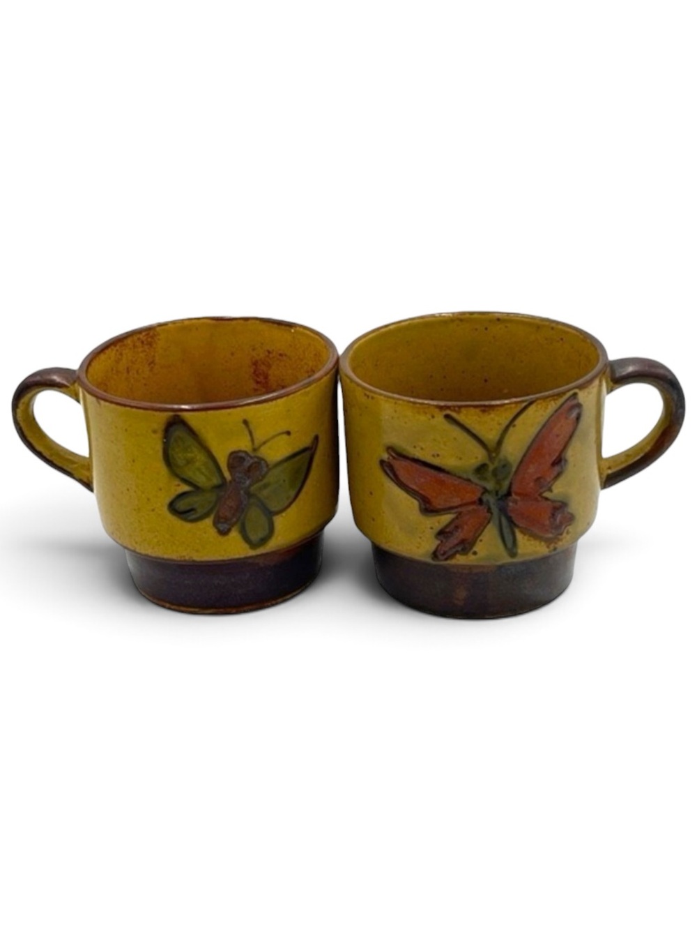 Vintage MCM Handcrafted Ceramic Stackable Butterfly Coffee Mugs Tea Cups 2pc Set